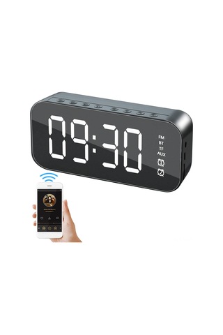Yunboo Siyah Mini Masaüstü Müzik Hoparlörü - Akıllı Alarm Saati, Led Ayna Ekranı, 6 Saat Çalma Süresi, Bluetooth 5.0, Ev Ve Ofis İçin