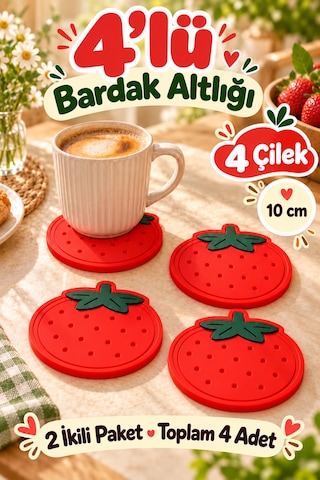 4'lü Çilek Desenli Bardak Altlığı Seti 10 Cm Kahve Ve Çay Fincan Altlığı Renkli Masa Sunum Aksesuarı Çok Renkli
