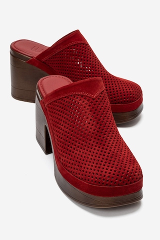Luvi Shoes Dejas Kırmızı Süet Hakiki Deri Delikli Kadın Kalın Topuklu Terlik