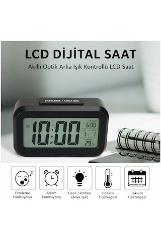 Dijital Alarmlı Masa Saati Sensörlü Gece Işıklı Takvim Ve Sıcaklık Göstergeli Siyah-beyaz