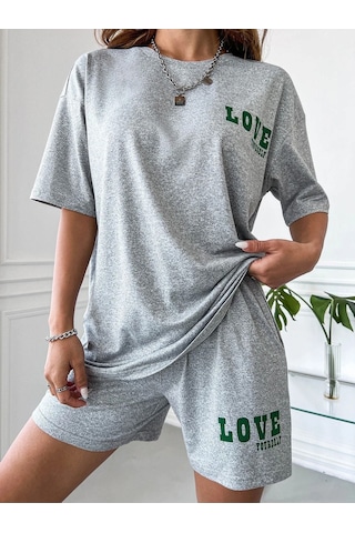 Love T-shirt Şort Gri 2'li Kombin Şort Tişört Takım Baskılı Oversize Bisiklet Yaka Gri