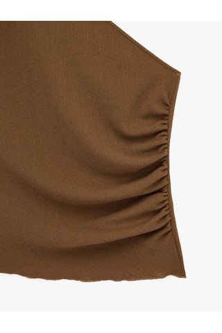 Koton Slim Fit Drape Detaylı Kısa Kollu Tek Omuz Bluz Kahverengi 6sak10273ek Kahve