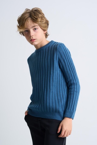 Alexandergardı Desenli Uzun Kollu Triko Çocuk Kazak Mavi