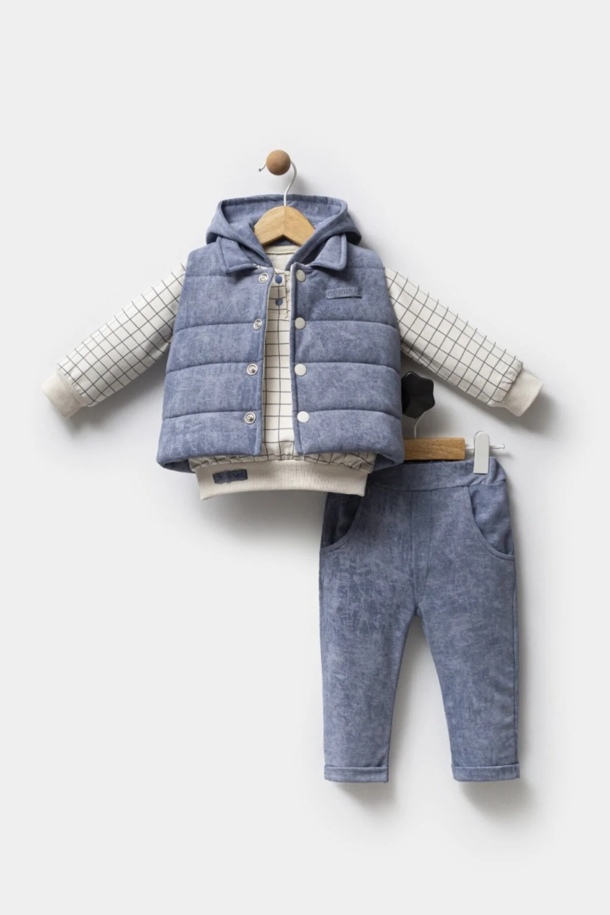 Bilge Trend Erkek Bebek Mavi Kapüşonlu Sweat , Şişme Yelek , Pantolon 3 Parça Premium Seri Kışlık Takım