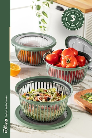 Linea 3 Adet 3 Litre Yuvarlak Sızdırmaz Çerez & Meyve & Bakliyat Saklama Kabı Yeşil Yeşil