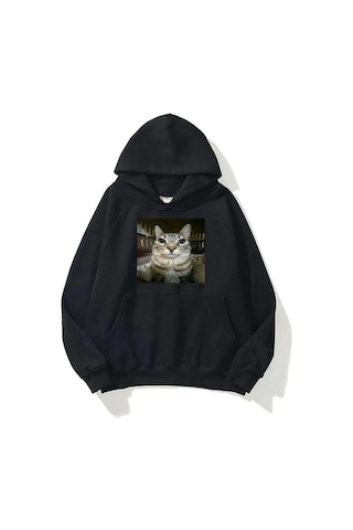 Kawear Unisex Kedi Baskılı Sweatshirt Siyah SIYAH
