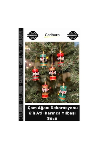 Özel Üretim Ahşap Boyalı Nostaljik Çam Ağacı Dekorasyonu Hediyelik 6 Lı Atlı Karınca Yılbaşı Süsü