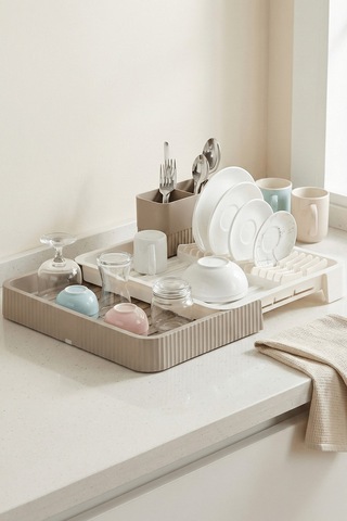 Krem Uzayabilir Sürgülü Bulaşık Sepeti, Lavabo/tezgah Üstü Açılır Kapanır Bulaşıklık Kurutma Sepeti Krem