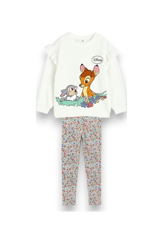 Lolliboomkids Yeni Sezon Sevimli Geyik Tavşan Desenli Çiçekli Fitilli Tayt Ve Sweatshirt Alt Üst Takım Ekru