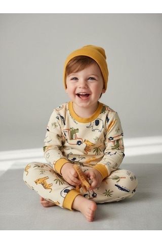 Zekids Erkek Bebek Pamuklu Safari Desenli Pijama Takımı-16848 Çok Renkli