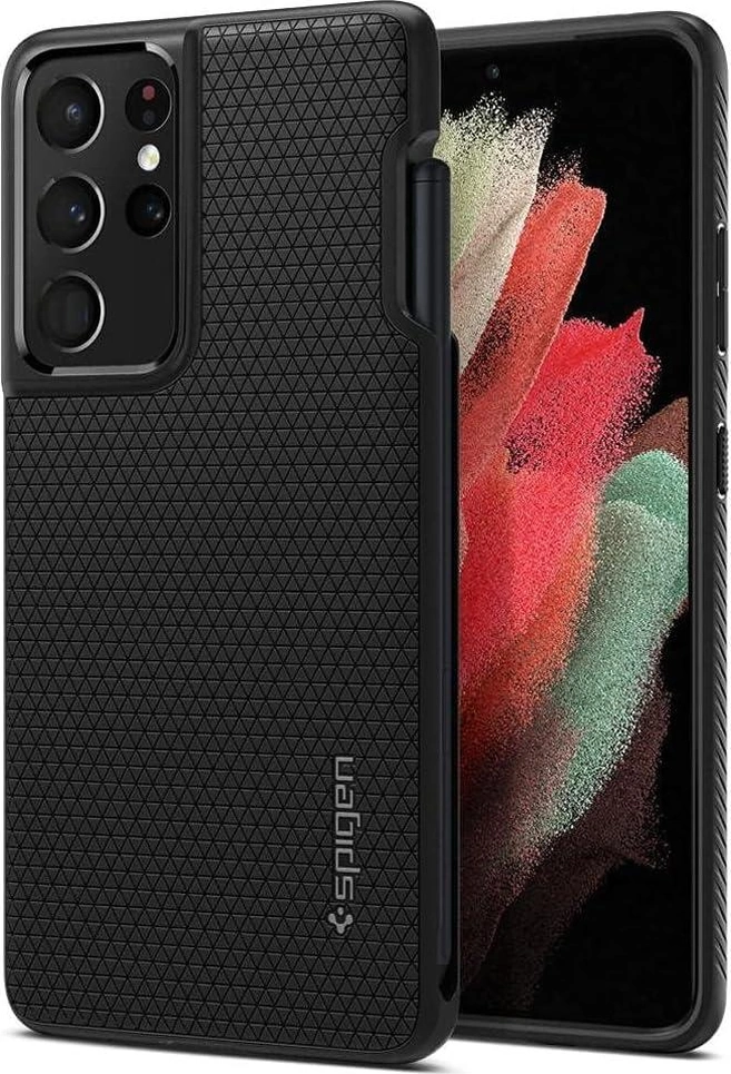 Spigen Galaxy S21 Ultra İle Uyumlu İnce Kılıf Liquid Air Hava Kanalı Teknolojisi Askeri Sınıf Koruma Dokulu Yüzey Kapak Matte Black Siyah
