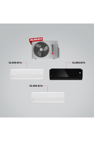 Arçelik 1+3 Multi Sistem 36100 MD Pro Dış Ünite 12 BTU Siyah + 12 BTU Beyaz + 18 BTU Beyaz İç Üniteler Duvar Tipi Klima