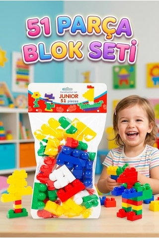 Junior Blok Tasarım Setim 51 Parçalı Renkli Eğitici Tuğla İnşa Oyuncak Yapı Seti