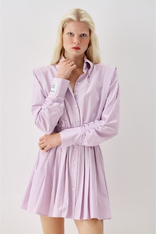 Sagaza Studio Ss6165 Beli Lastikli Mini Gömlek Elbise Pembe