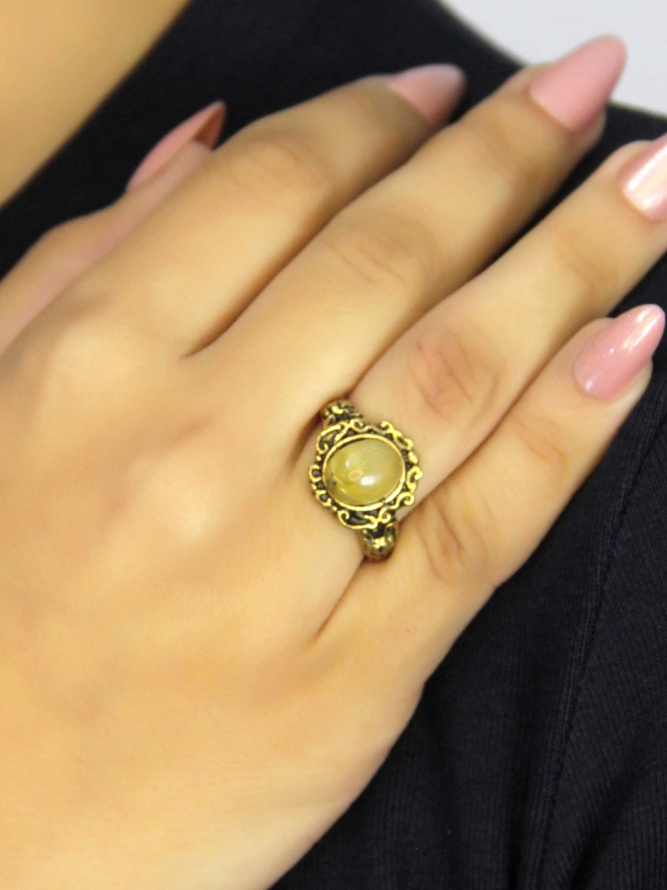 Doğal Taş Sitrin Doğal Taşlı Antik Model Kadın Ayarlanabillir Yüzük Euy80s Sarı