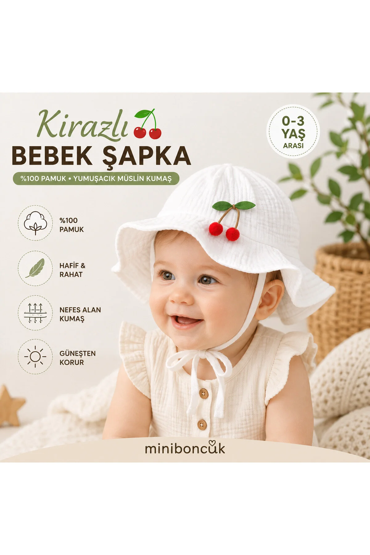 Mini Boncuk Cherry Baby %100 Pamuk Müslin Şapka Beyaz