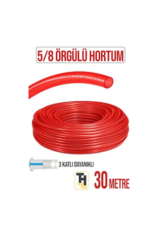 5/8 Örgülü Bahçe Hortumu Çatlamaz, Kırılmaz, Esnek 30 Metre Kırmızı