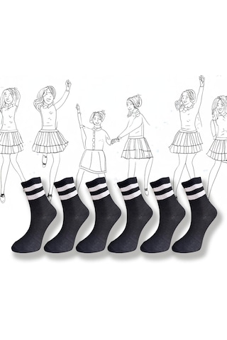 Silk Step 6'lı Paket , Siyah Zemin Üzerine Beyaz Çemberli Günlük Kolej - Tenis Çorabı Asorti̇