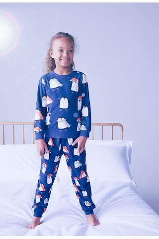 Unisex Çocuk Yeni Sezon Pamuklu Mavi Renk Eğlenceli Penguenler Baskılıpaça Lastikli Pijama Takımı Mavi Penguen Mavi