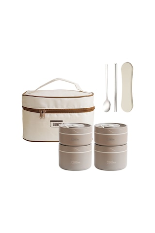 Moveevo 304 Çelik Isı Saklama Yemek Kutusu, Mikrodalga Uygun, Öğrenci/ev Kullanıma Uygun, 4 Adet + Isı Saklama Çantası + Besteği, Kahve Rengi Beyaz