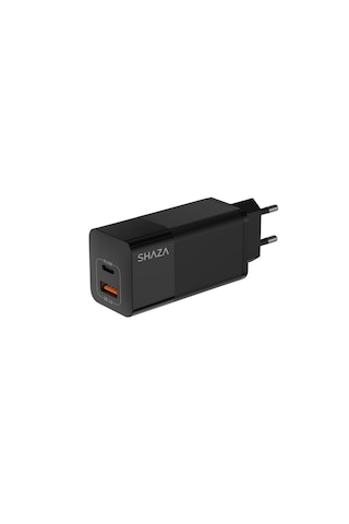 Shaza Çift Çıkışlı Usb Qc3.0& Type-c Pd Gan 65w Şarj Adaptörü Siyah