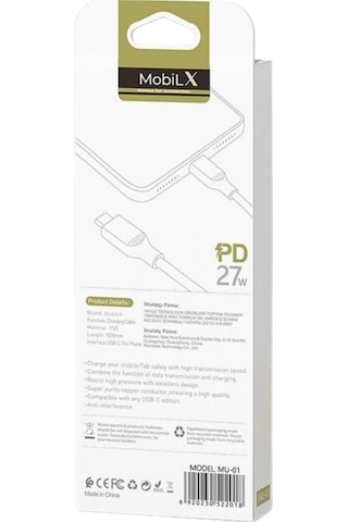 Mobilx Mu-01 Type-c To Lightning Pd 27w Şarj Ve Data Kablosu 1m Apple Uyumlu iPhone