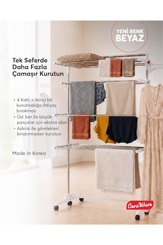 Home S4 Premium 4 Katlı Beyaz Çamaşırlık Made İn Korea Tam Katlanır Tekerlekli Çamaşır Kurutmalık