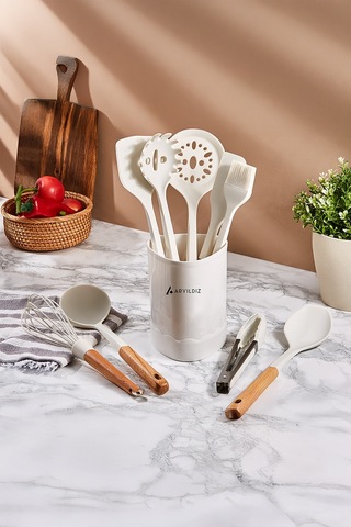 Aryıldız Dailytools 10 Parça Silikon Mutfak Seti Ahşap - Beyaz