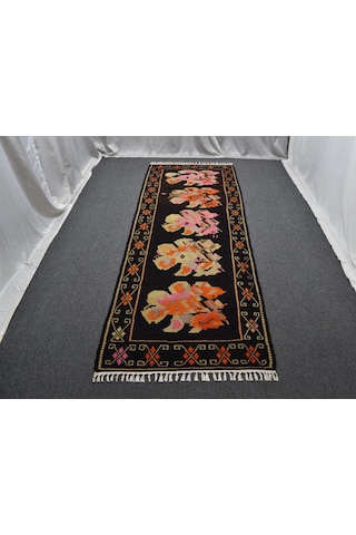 El Dokuma Gösterişli Güllü Çiçekli Kirmen Karabağ Yolluk Yün Kilim 6378