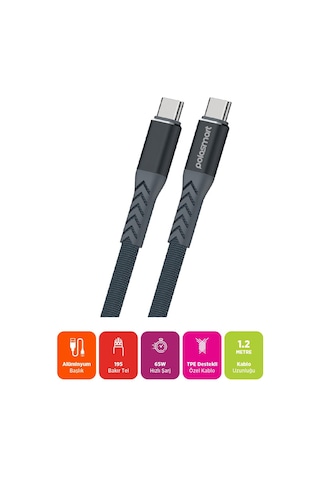 Polosmart Psm117 65w Type-c To Type-c Hızlı Şarj Ve Data Kablosu Notebook Ve Apple Uyumlu MacBook Gri