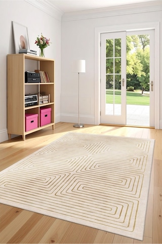 Zeminde Bir Labirent Simetrik Çizgili Modern Kaymaz Taban Halı Bej