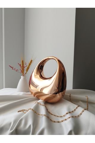 Vivazzaluxe Modern Tasarım Oval Tutmalı Küçük Boy Kadın Abiye El, Omuz Çanta Altın