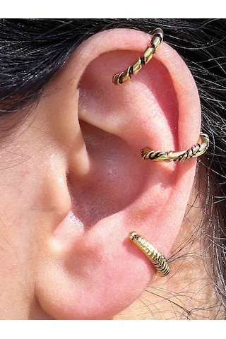 Vintage Antik 3'lü Deliksiz Ear Cuff Ayarlanabilir Kıkırdak Küpe Seti Eukk7 Sarı