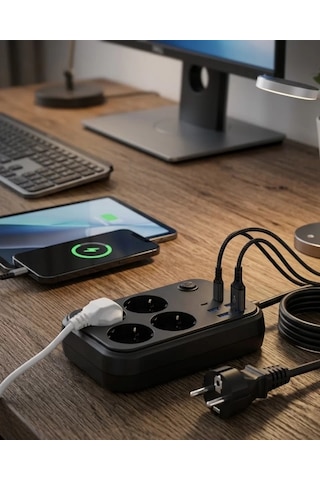 Termal Korumalı Uzatma Kablosu 4 Priz Usb Ve Type C Çoklu Şarj İstasyonu 3 M