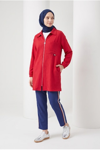Armine Trend Fermuarlı Tunik Ve Şerit Detaylı Pantolon İkili Takım Spor Şık Günlük Tesettür Giyim Kırmızı 26kt646