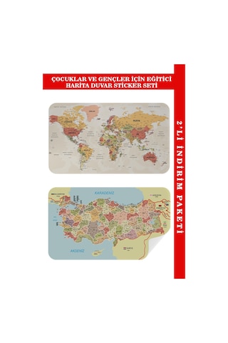 Eğitici - Öğretici Dünya Ve Türkiye Haritası Çocuk Odası Duvar Sticker-85x130-3890 Çok Renkli