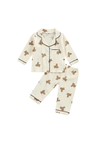 Çocuklar Unisex Günlük Pijama Takımı, Ayı Baskılı Uzun Kollu Ön Cep Yaka Üstleri + Baskılı Uzun Pantolon