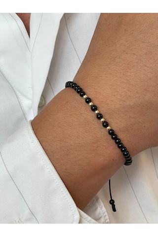 14 Ayar Altın Top Altın Detaylı Onix Taşlı Altın Bileklik Altın