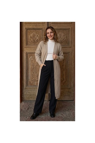 Onno Style Women Damla Kol Desen Kadın Triko Uzun Hırka Bej