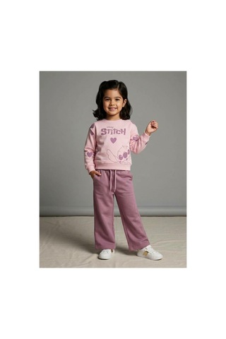 Uğur Bebe Kız Çocuk Eşofman Takımı Stitch Desenli %100 Pamuk Pembe Pudra Renk Geniş Paça 2 Li Spor Takım Şık Kombin Pembe Pudra Pembe Pudra