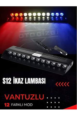 S12 Vantuzlu İkaz Lambası 12 Modlu Kırmızı Beyaz Mavi Led Acil Uyarı Işığı