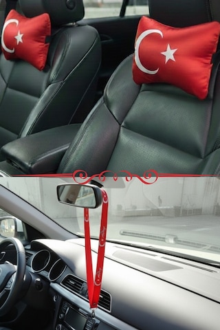 Türk Bayraklı Dijital Baskılı Araç Seyahat Boyun Yastığı 2’li Set & Türk Bayraklı Oto Ayna Askısı