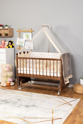 Ahşap Beşik Anne Yanı Beşik Ceviz 60x120 Krem Prens Erkek Uyku Seti Yatak Tekerlekli Ceviz