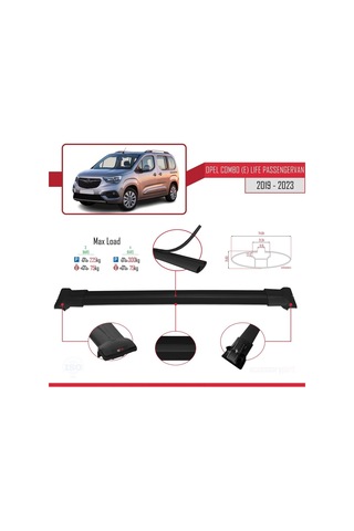 Opel Combo E Life Passengervan 2019-2023 Arası İle Uyumlu Fly Model Ara Atkı Tavan Barı Siyah 4 Adet Bar