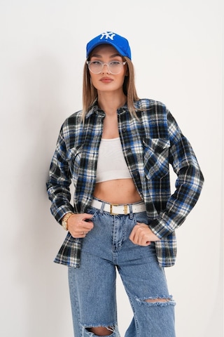 Kadın Desen Bloklu Oduncu Oversize Bol Ve Geniş Kalıp Casual Cepli Yakalı Ceket Gömlek Lacivert