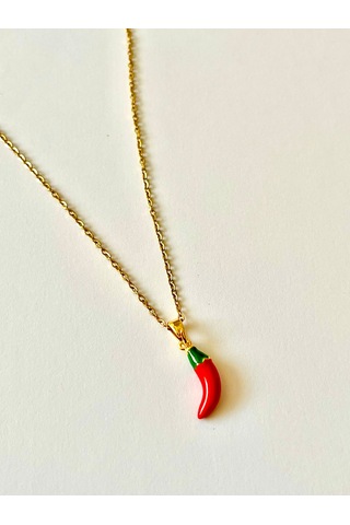 Kadın & Erkek Şık Tasarım Çelik Kırmızı Chili Biber Figürlü Takı Minimalist Şans Kolye Gold