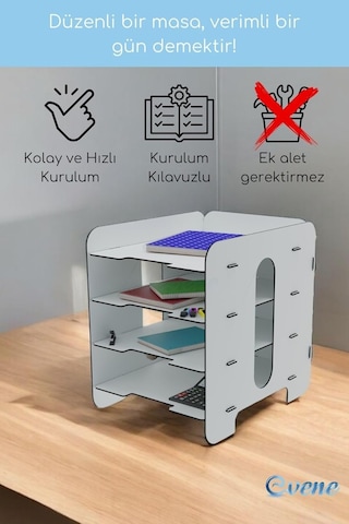 Evene Dosya Düzenleyici Masa Üstü Organizer Ahşap Enanrak Raflı Model 1, Beyaz, Evene