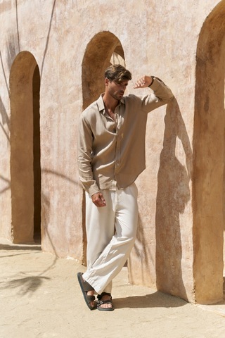 Mai Collection Mai Studios Co. Agnola Oversize Erkek Bej Keten Gömlek Bej