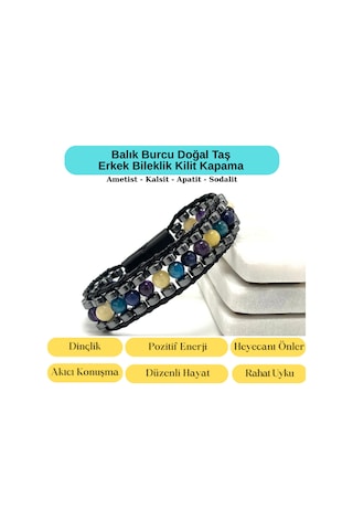 Sertifikalı Balık Burcu Disk Model Doğal Taş Erkek Bileklik Mıknatıslı Kilit Çok Renkli