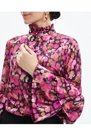 Volan Kollu Metalik Desenli Transparan Gömlek Işıltılı Ve Sofistike Stil Fuşya